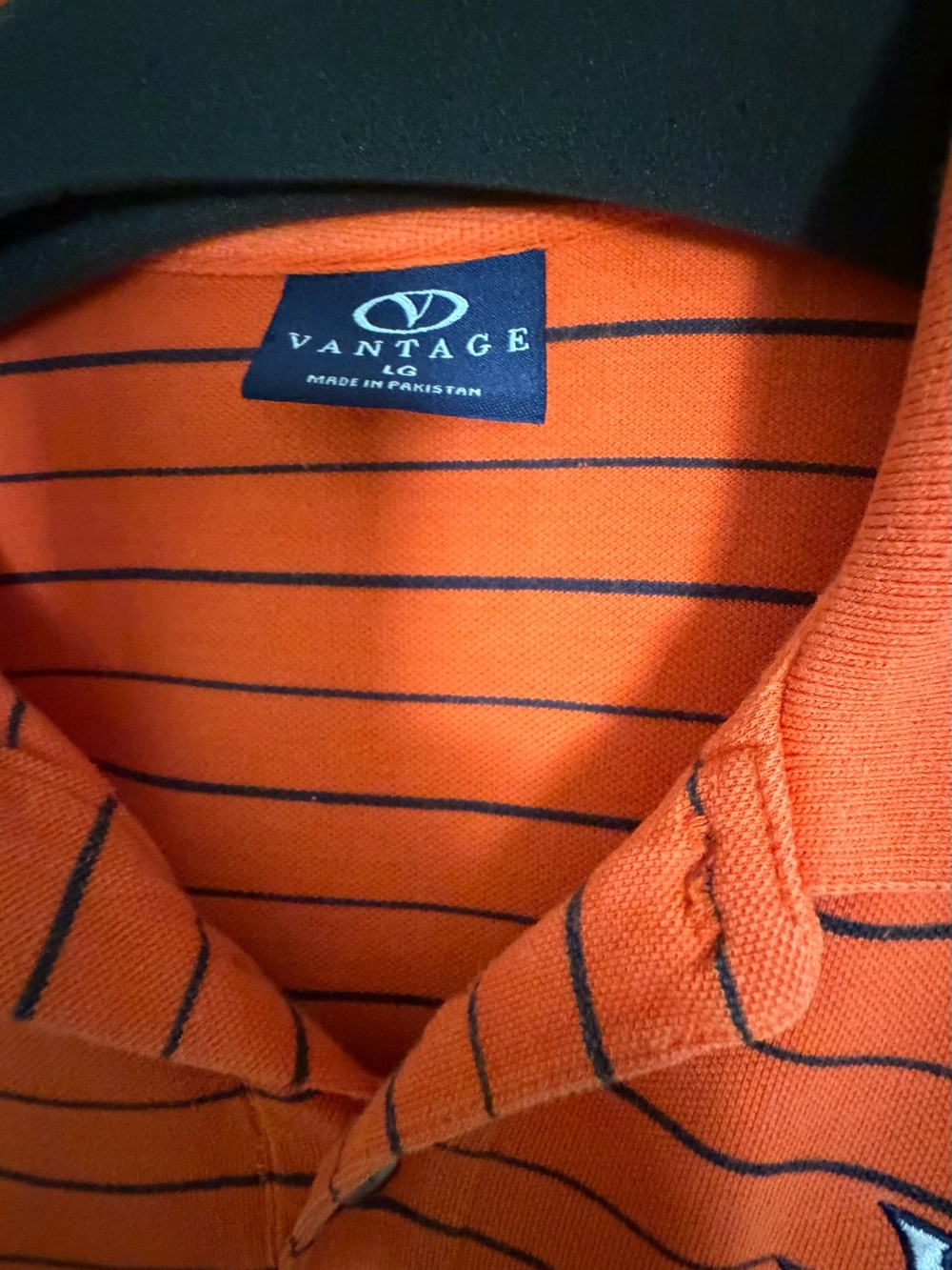 Vantage Men’s Orange Polo with Navy Stripes